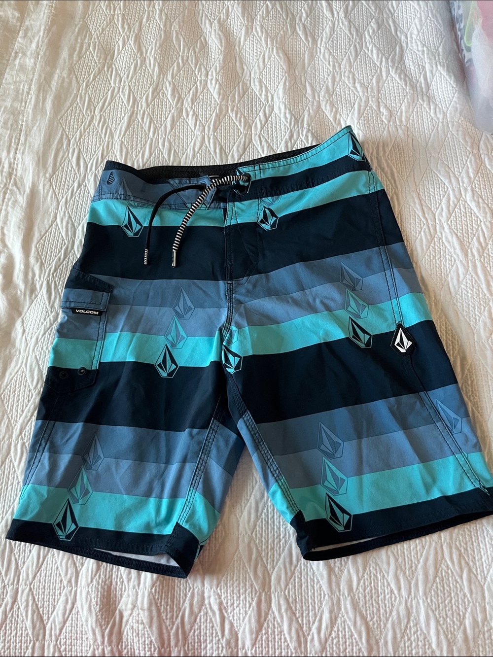 Volcom Men’s Aqua, Teal and Navy Striped Boardshorts